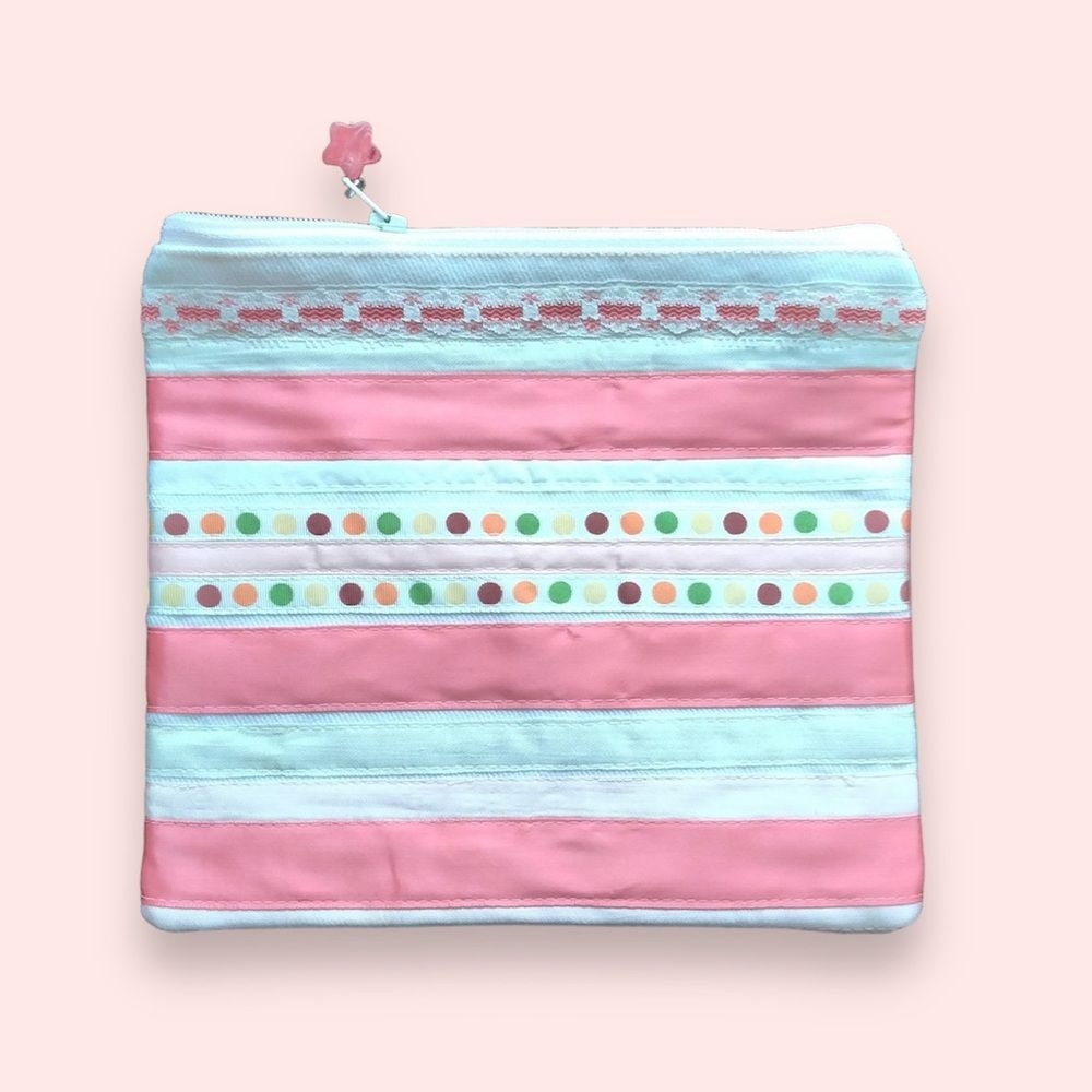 Coral Striped Zippered Pouch Makeup Bag Art Supply Storage Travel Tote NEW